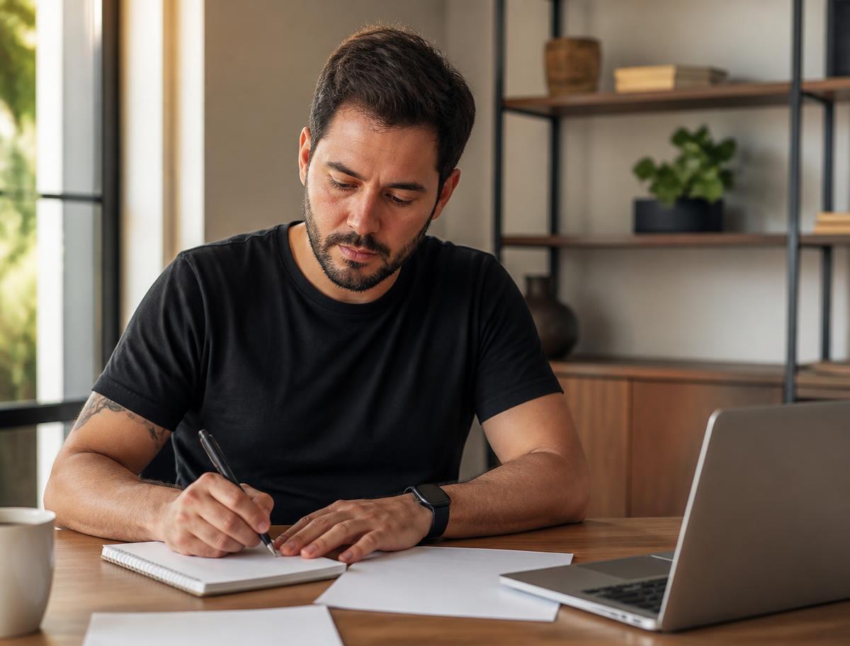Estudante adulto revisando conteúdos para o ENCCEJA em uma mesa de estudos